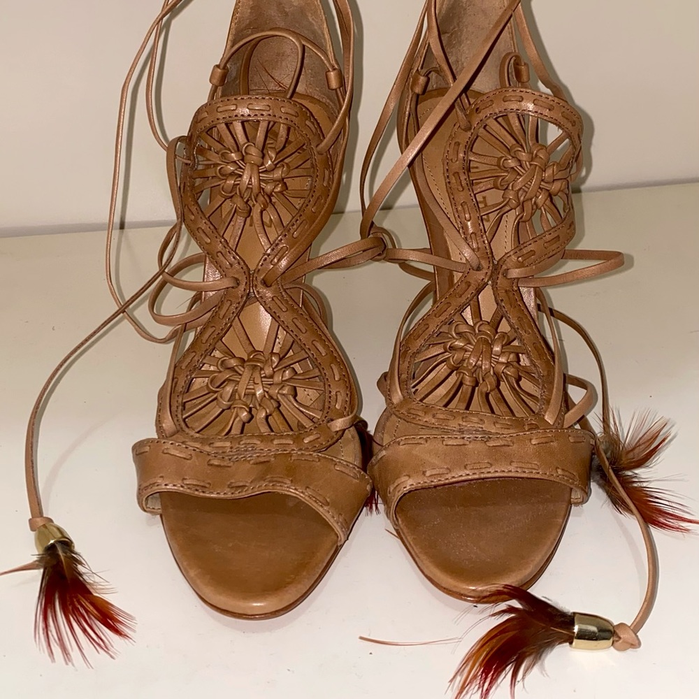 Schutz tan leather lace up sandal heel. Size 7.5
